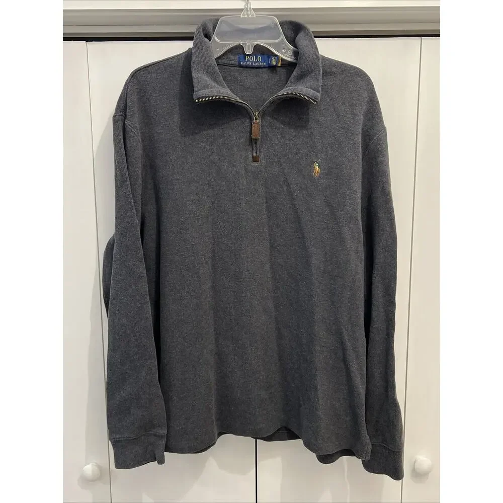 POLO RALPH LAUREN Sweater Men’s L DARK GRAY Cotton‎ French Rib Half Zip Pullover